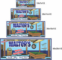 Personalized game room sign shown in four available sizes stacked together