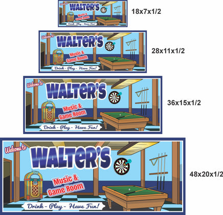 Personalized game room sign shown in four available sizes stacked together