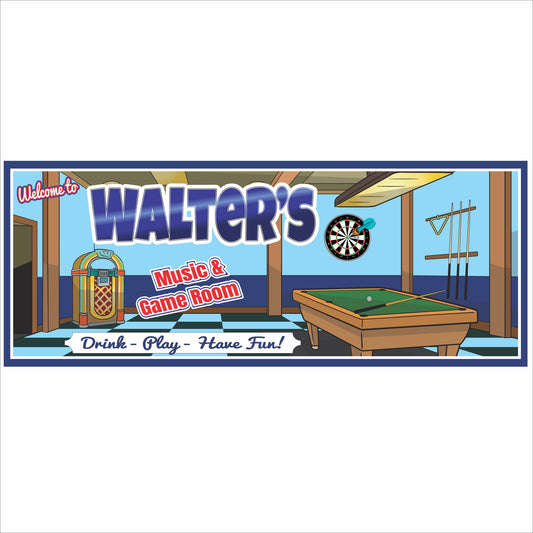 Personalized music and game room wall sign with pool table and jukebox artwork