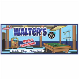 Personalized music and game room wall sign with pool table and jukebox artwork