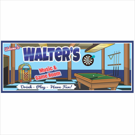 Personalized music and game room wall sign with pool table and jukebox artwork