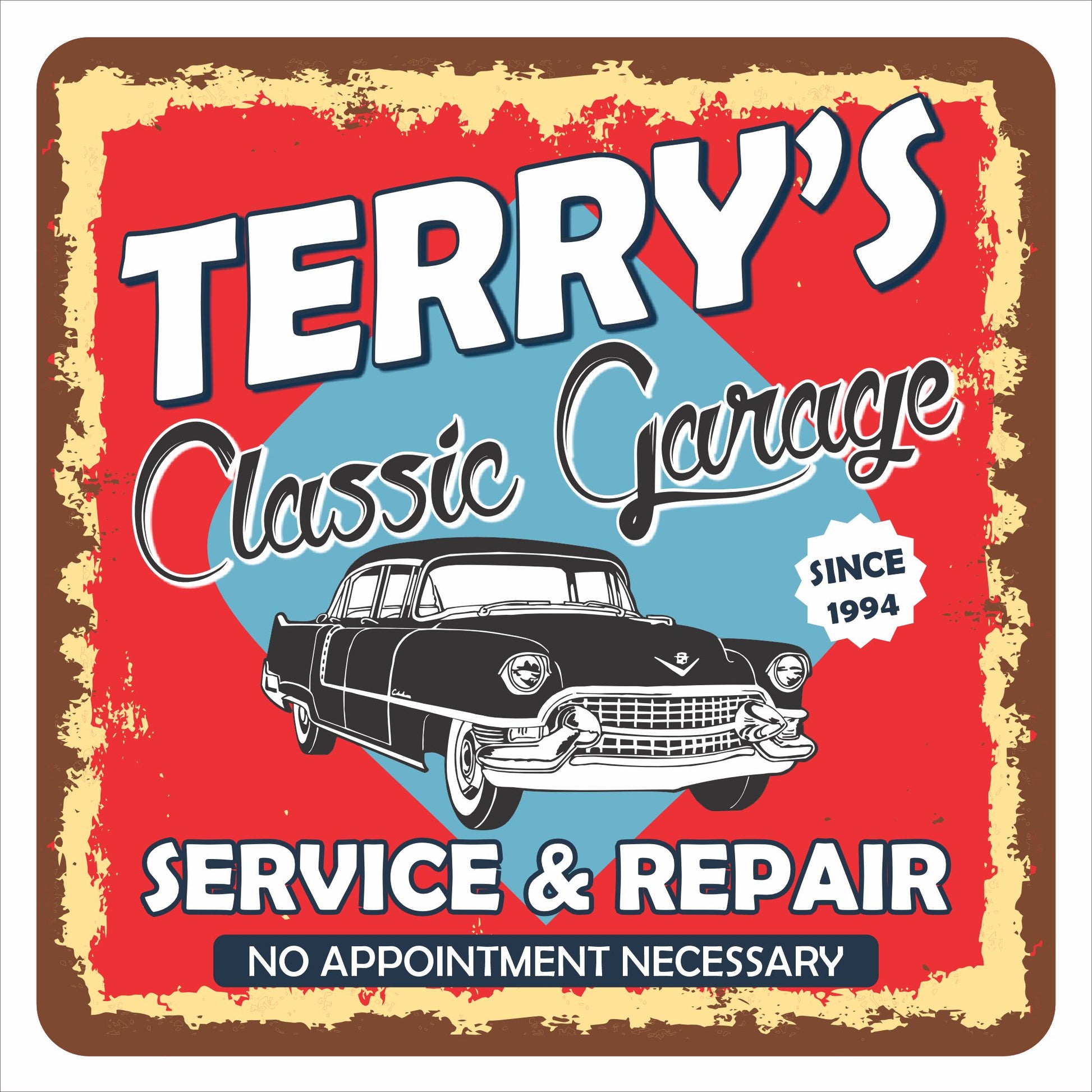 Personalized classic garage sign with vintage car illustration and editable name and service text, printed on rigid PVC