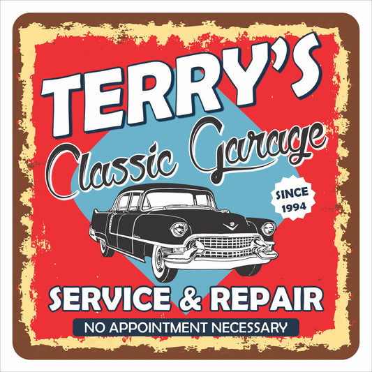 Personalized classic garage sign with vintage car illustration and editable name and service text, printed on rigid PVC
