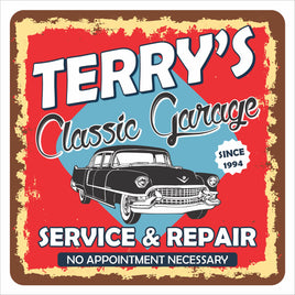 Personalized classic garage sign with vintage car illustration and editable name and service text, printed on rigid PVC