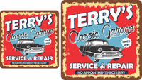  Personalized vintage style garage sign with distressed border, classic car imagery, and retro fonts.