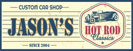 Personalized custom car shop sign featuring hot rod classics with customizable text, vintage garage decor.