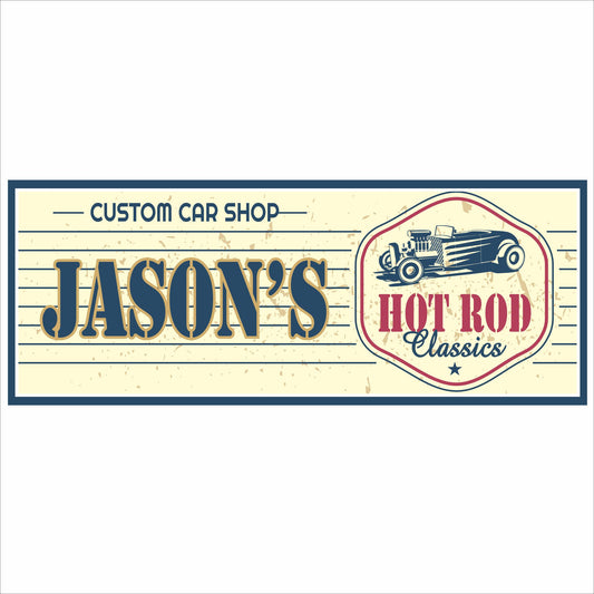 personalized hot rod garage sign with vintage custom car shop design and classic hot rod illustration