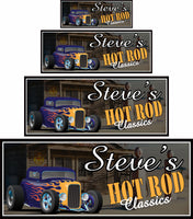 Personalized hot rod classics sign with vintage gas station background, customizable text for unique garage decor.