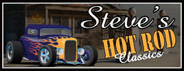 Personalized hot rod classics sign with vintage gas station background, customizable text for unique garage decor.