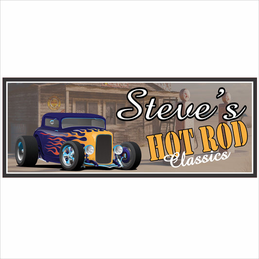 personalized hot rod garage sign with classic flame hot rod car and custom garage name