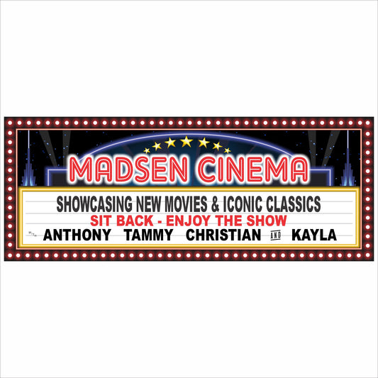 Personalized home theater marquee sign with customizable movie text and stars, printed wall decor