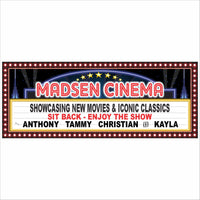 Personalized home theater marquee sign with customizable movie text and stars, printed wall decor