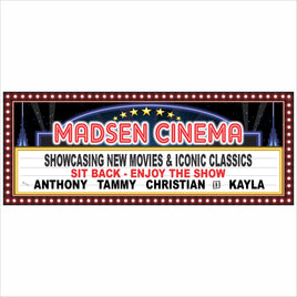 Personalized home theater marquee sign with customizable movie text and stars, printed wall decor