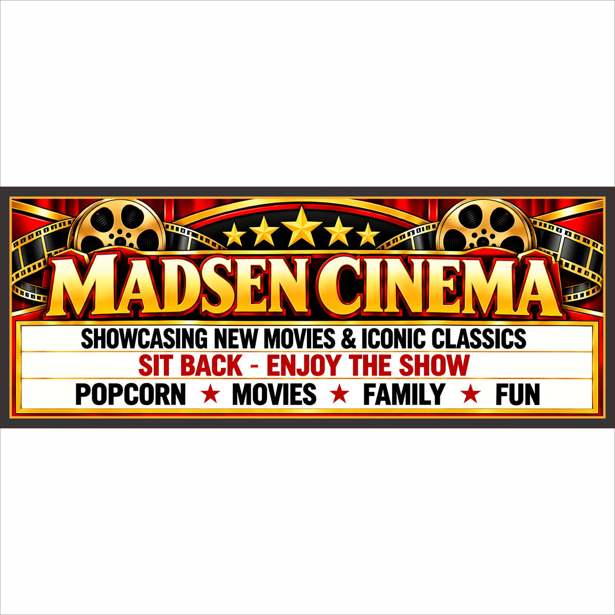 Personalized home theater sign with custom cinema name, film reels, stars and red, black and gold movie marquee design.