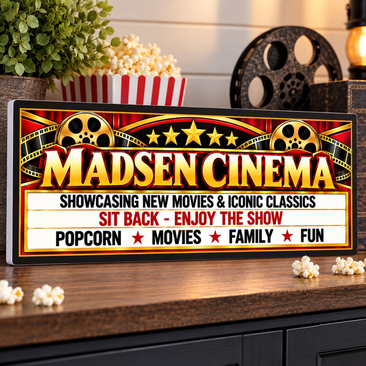 Personalized home theater sign displayed on a shelf with popcorn, film reel and movie-themed decor.