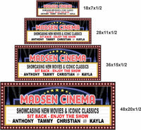 Size comparison showing personalized home theater marquee sign in four sizes 