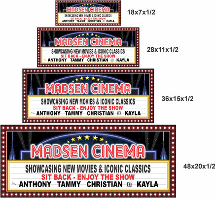 Size comparison showing personalized home theater marquee sign in four sizes 