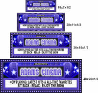 Personalized cinema marquee wall sign shown in four size options, displayed together to compare dimensions.