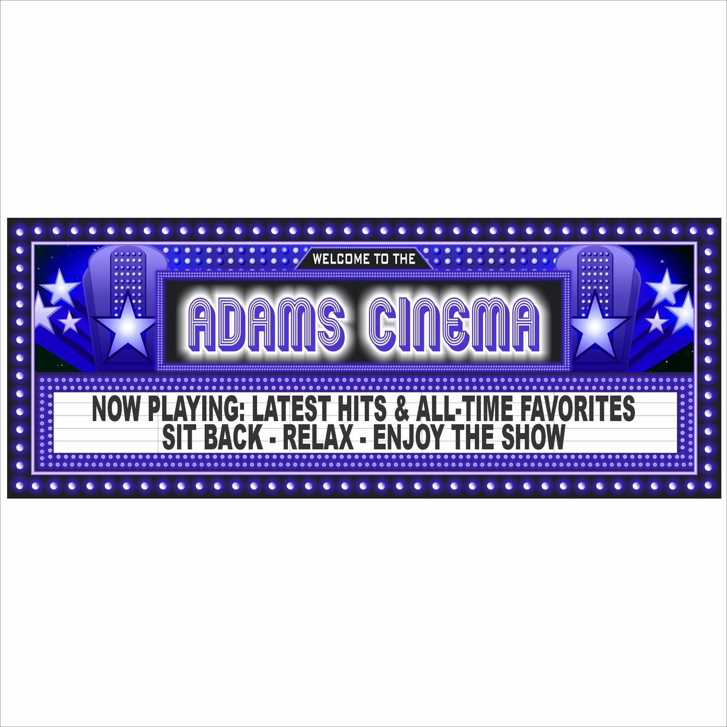 Home theater room with a personalized cinema marquee wall sign, movie-style lights, red theater seats, curtains, and popcorn on the armrest.