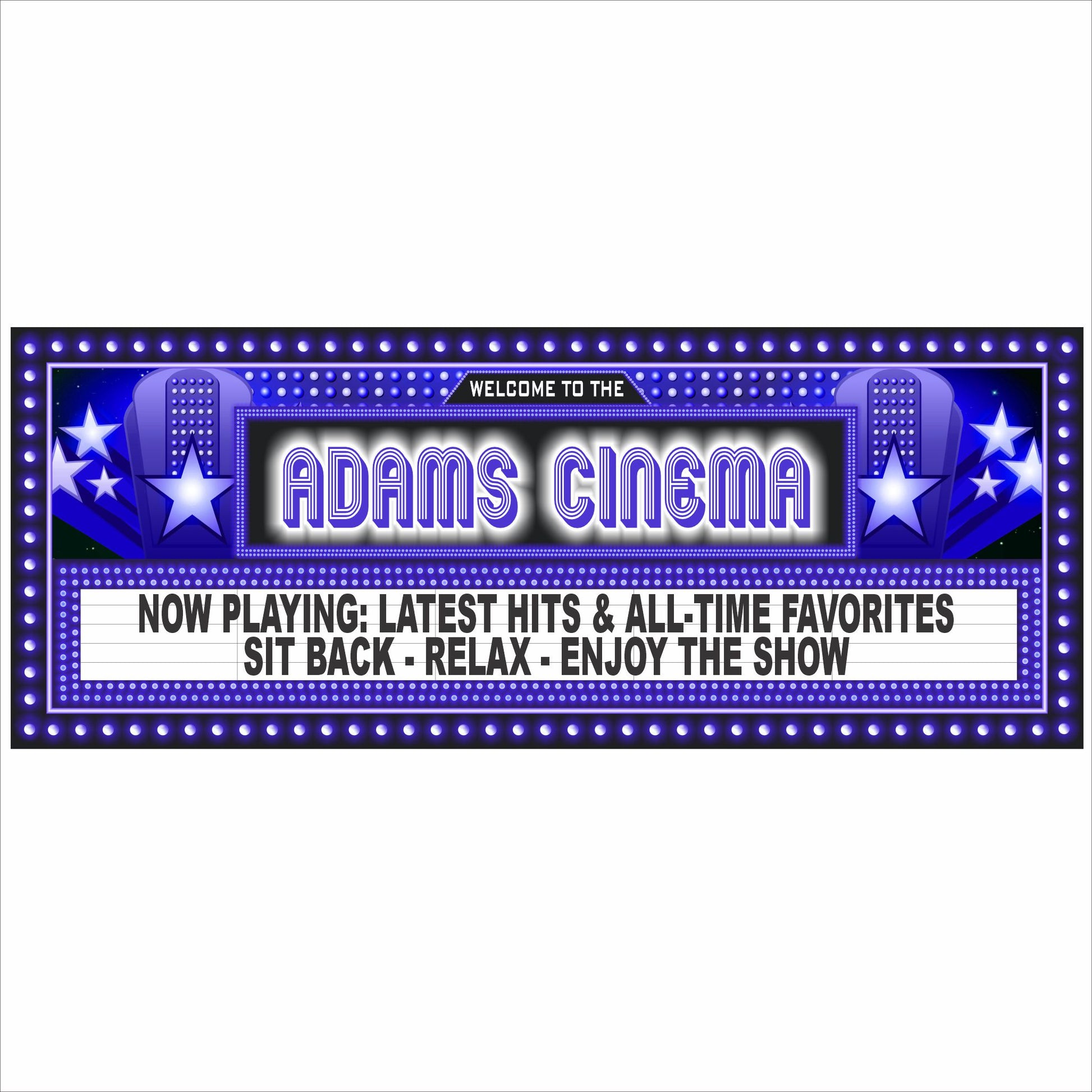 Home theater room with a personalized cinema marquee wall sign, movie-style lights, red theater seats, curtains, and popcorn on the armrest.