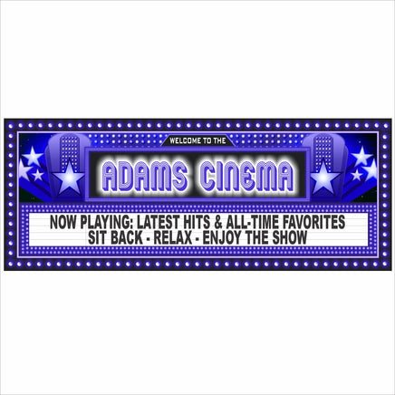 Home theater room with a personalized cinema marquee wall sign, movie-style lights, red theater seats, curtains, and popcorn on the armrest.