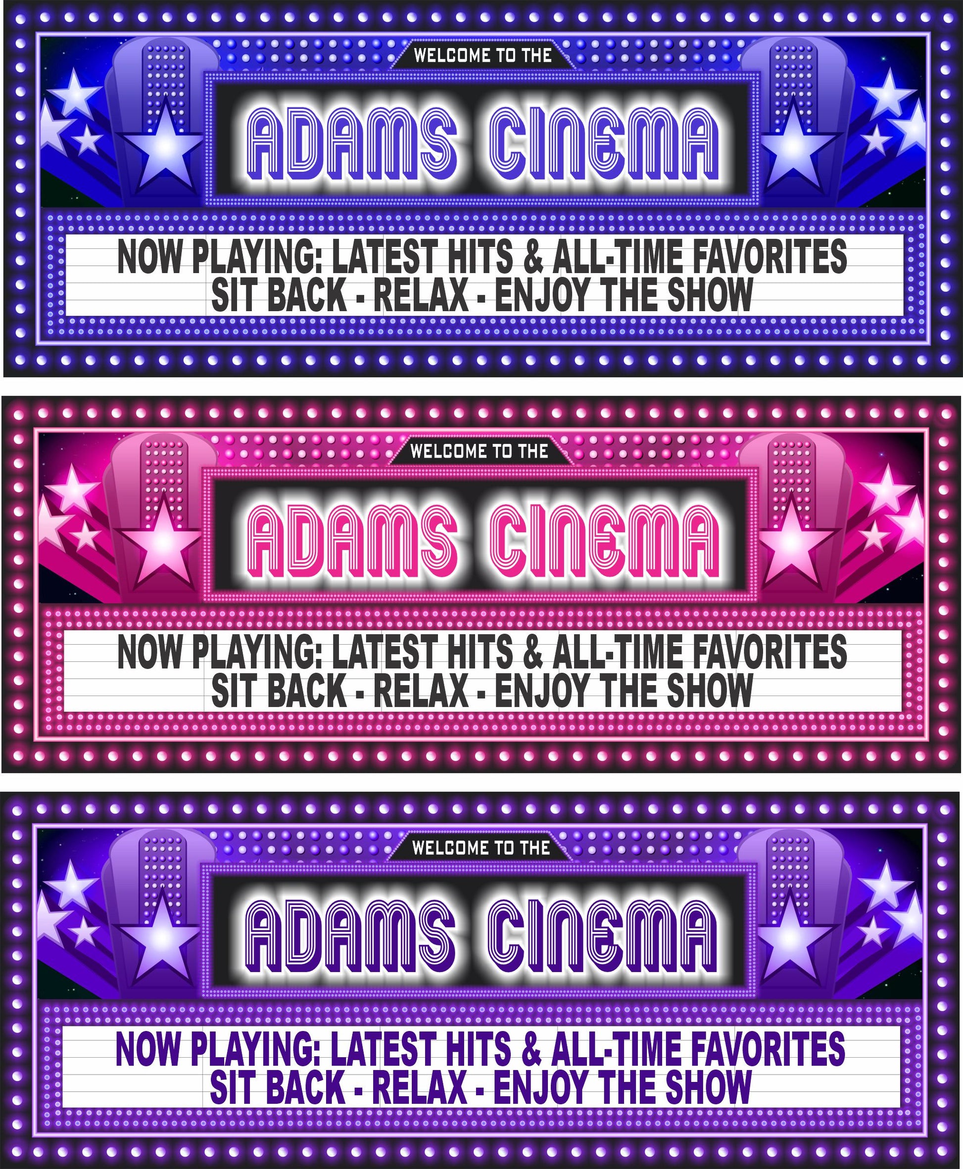 Personalized cinema marquee wall sign shown in three color options — blue, pink, and purple — with glowing theater lights and movie marquee layout.