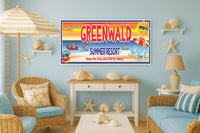 Custom summer resort wall sign displayed in a bright coastal living room