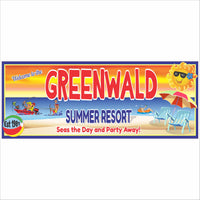 Personalized summer resort sign with beach graphics, umbrella, chairs, and sunshine theme