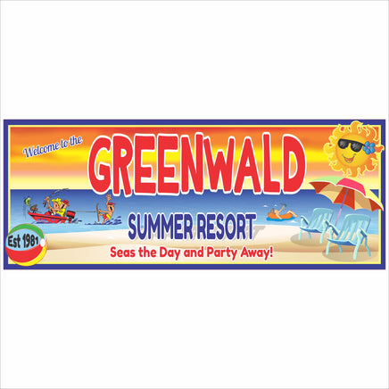 Personalized summer resort sign with beach graphics, umbrella, chairs, and sunshine theme