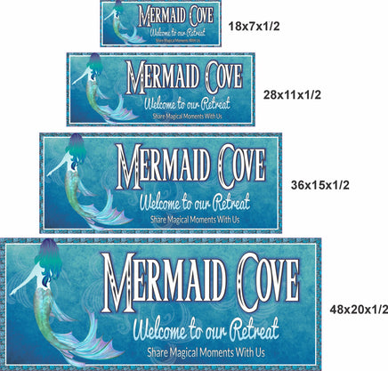 Comparison showing available sizes of personalized mermaid beach house signs