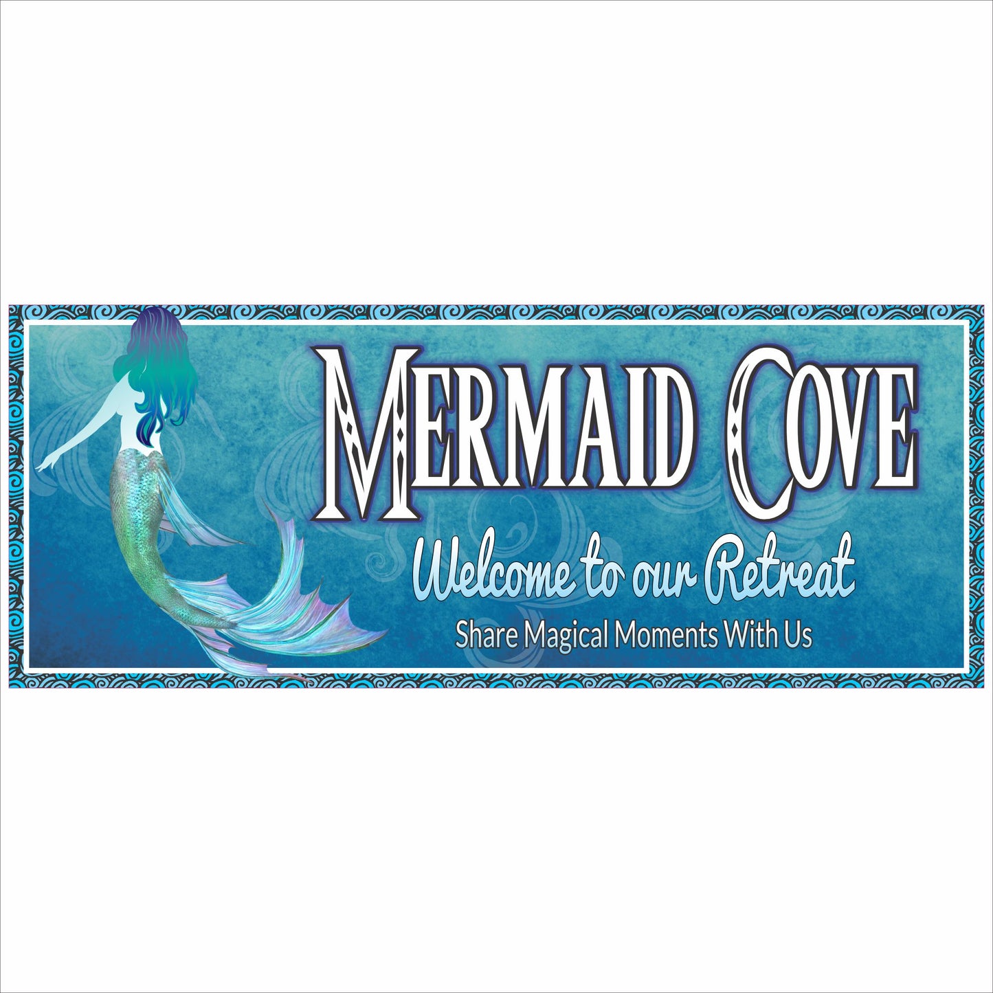 Personalized mermaid themed beach sign with custom text in ocean blue colors
