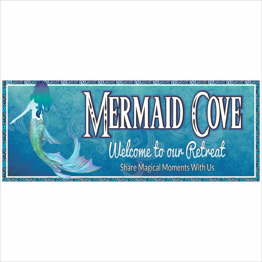Personalized mermaid themed beach sign with custom text in ocean blue colors
