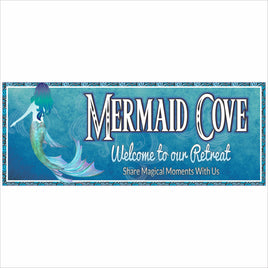 Personalized mermaid themed beach sign with custom text in ocean blue colors