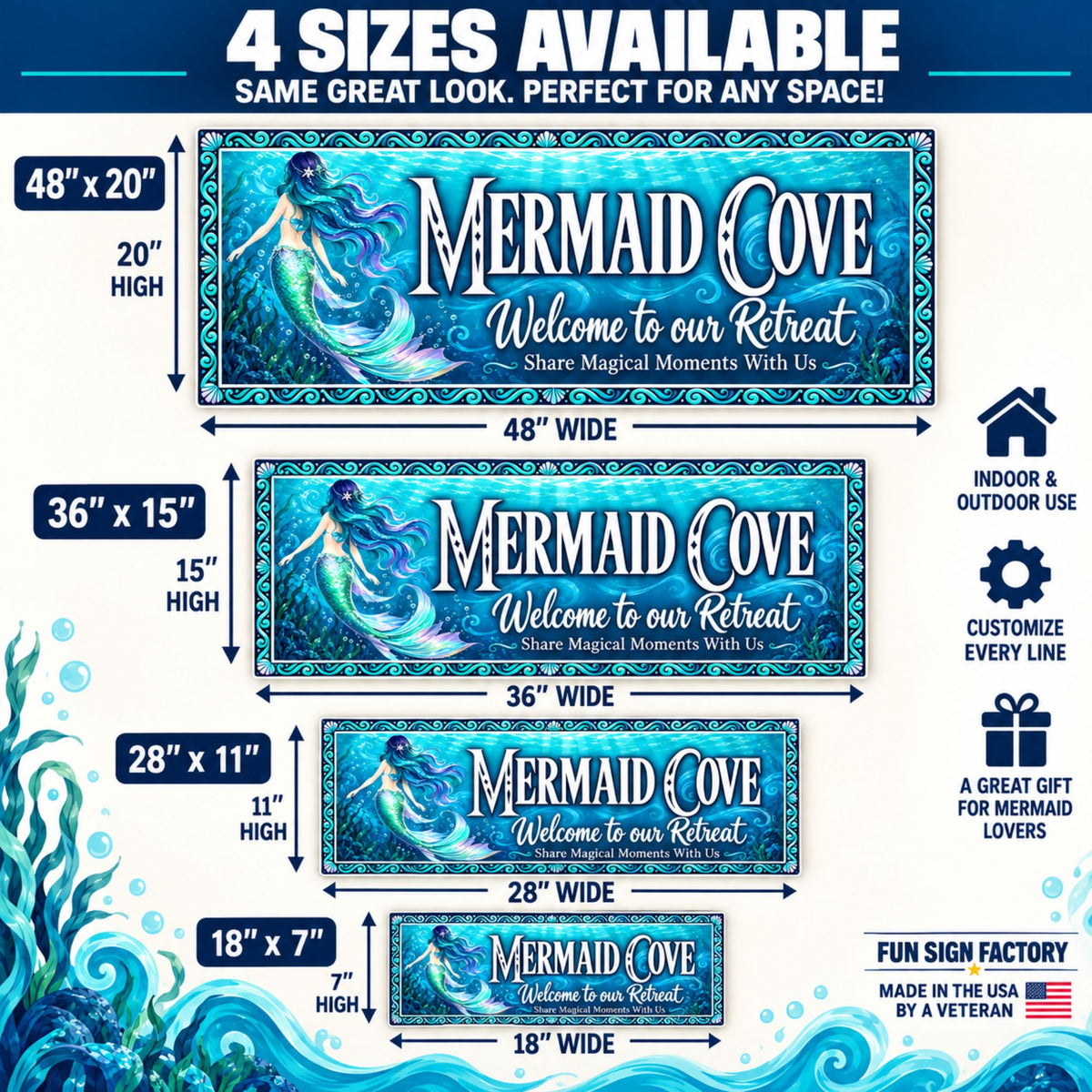 Mermaid Cove sign size guide comparing four sizes: 48×20, 36×15, 28×11, and 18×7 inches, with width and height measurements.