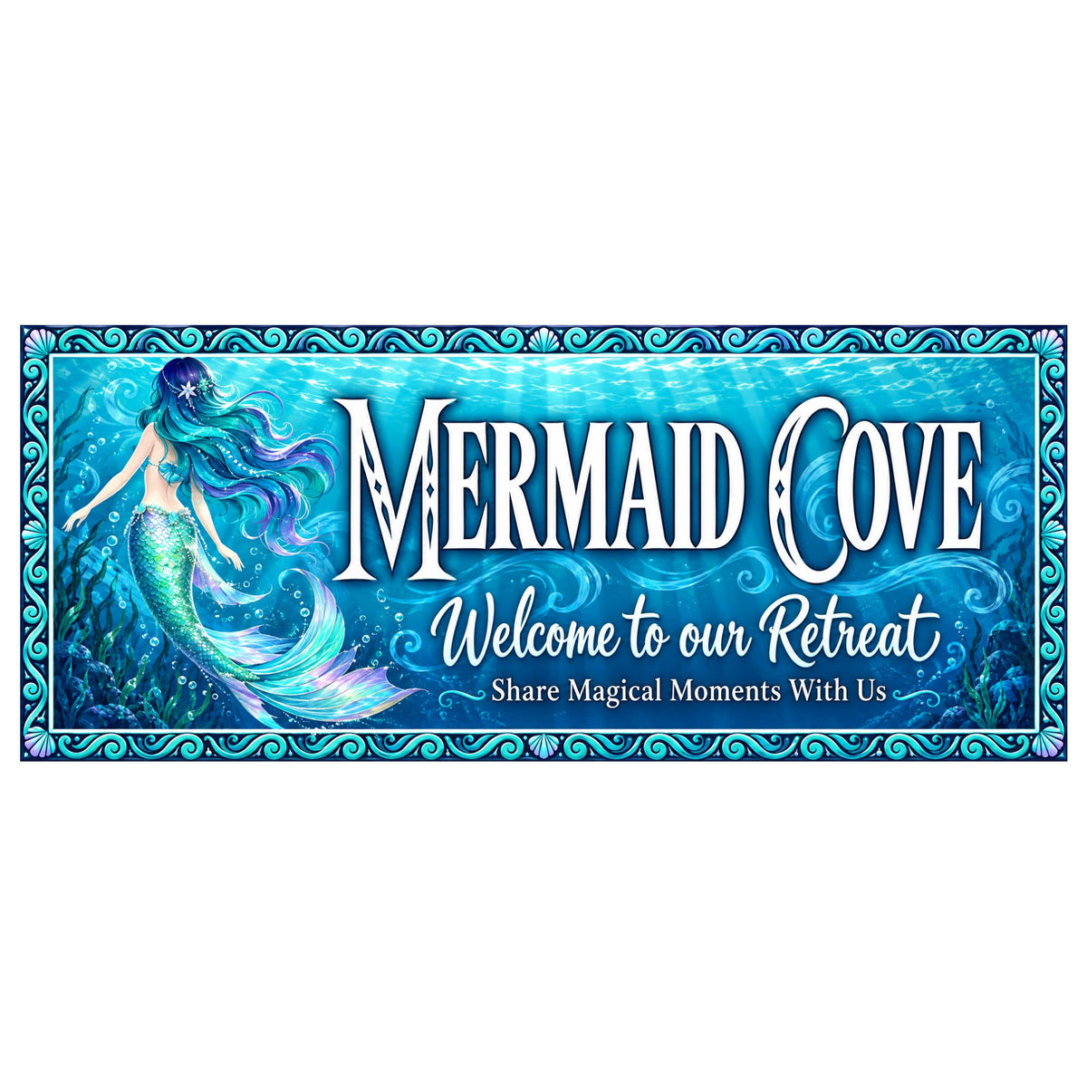 Personalized Mermaid Cove sign with turquoise ocean artwork, a mermaid, decorative wave border, and three editable lines of white lettering.