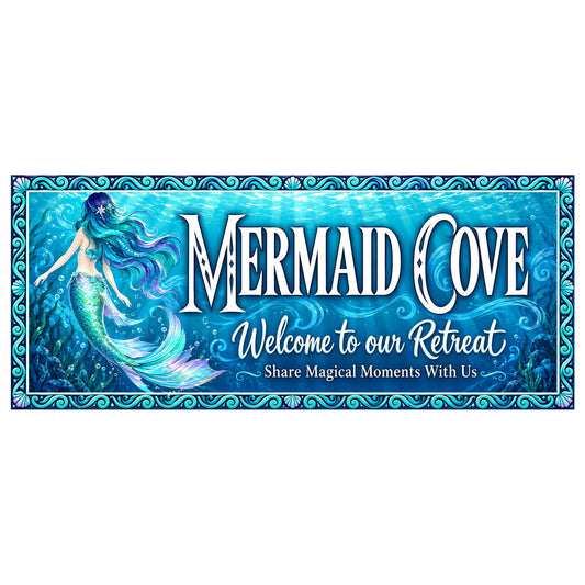 Personalized Mermaid Cove sign with turquoise ocean artwork, a mermaid, decorative wave border, and three editable lines of white lettering.