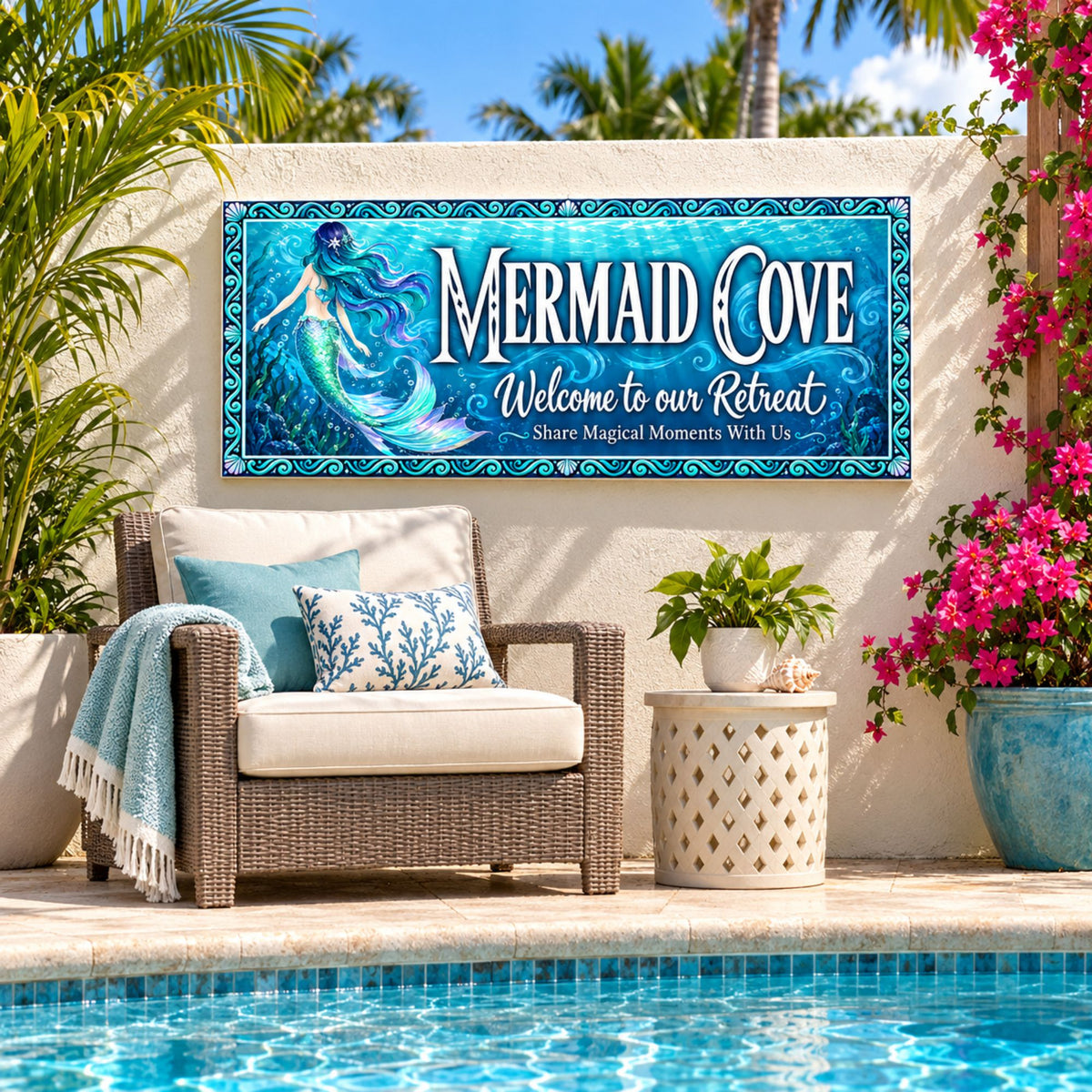 Turquoise Mermaid Cove sign displayed above a wicker chair on a tropical poolside patio with palm trees and flowering plants.