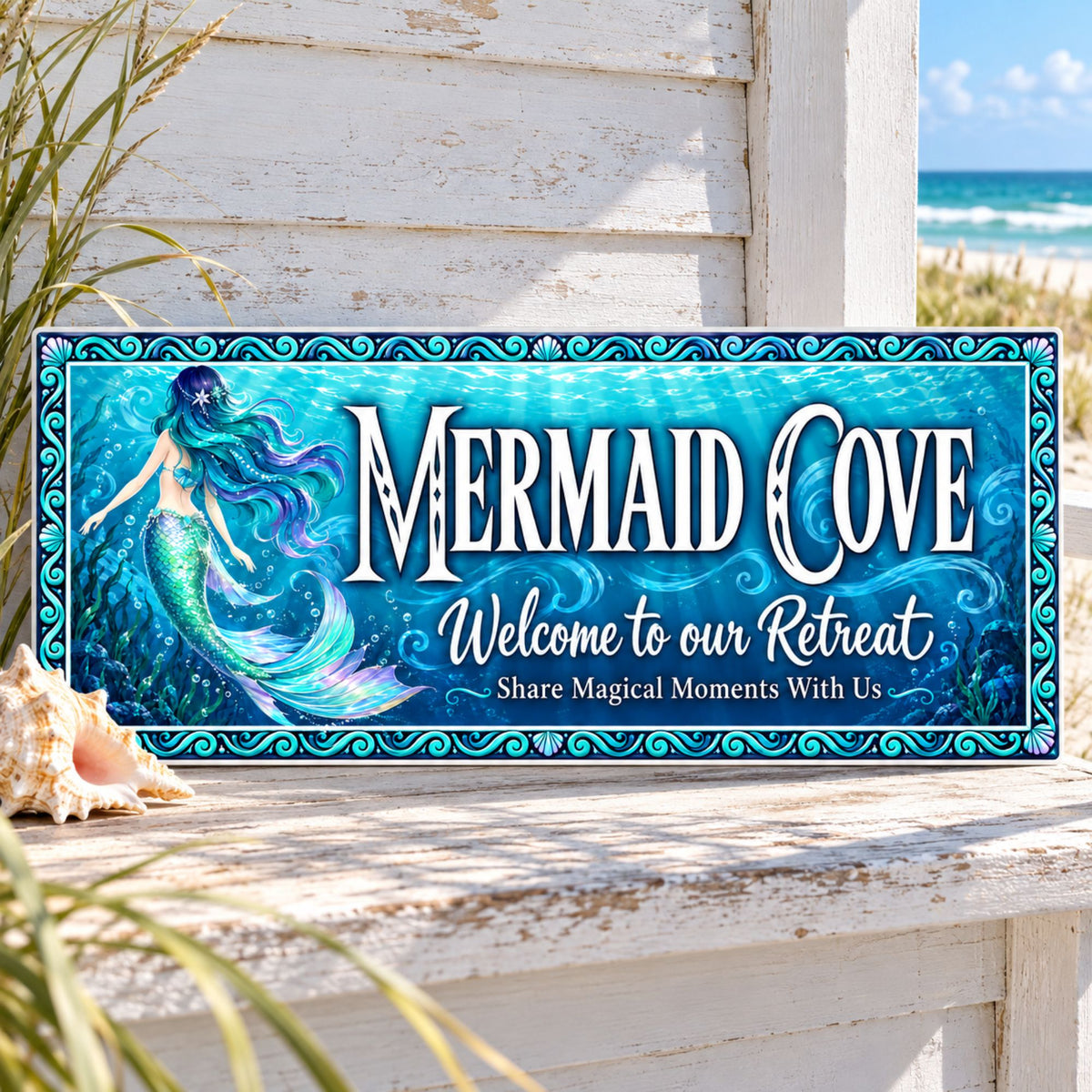 Mermaid Cove sign displayed on a weathered white shelf outdoors, with seashell accents, an ocean view, and a subtle white PVC edge.