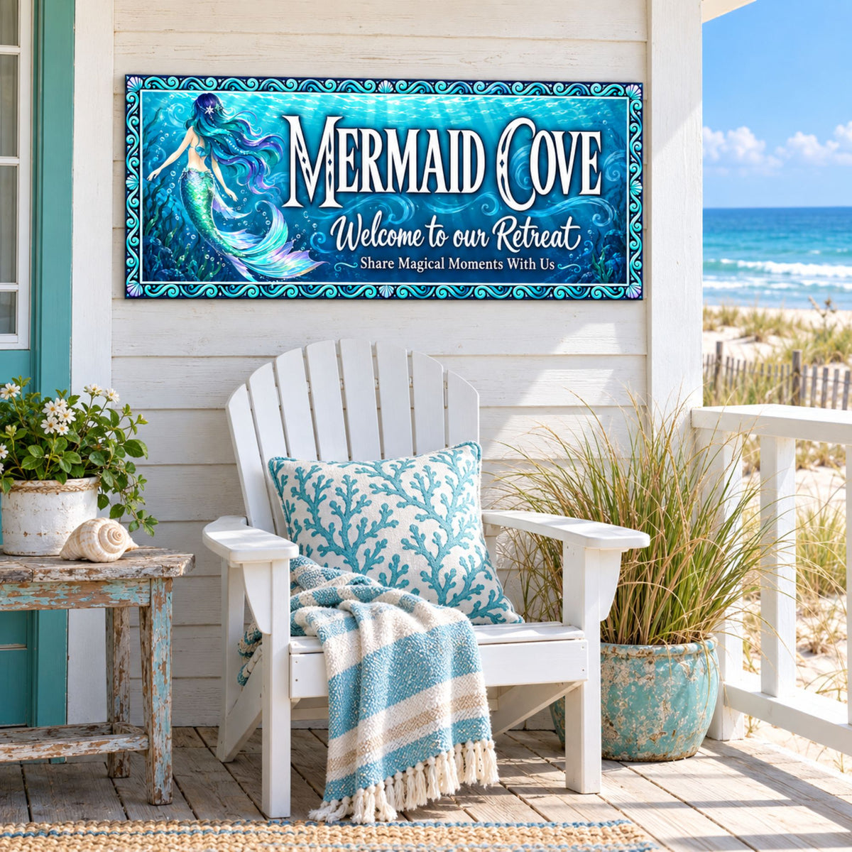 Personalized Mermaid Cove sign mounted on a white coastal cottage porch above a chair with blue accents, overlooking the beach.