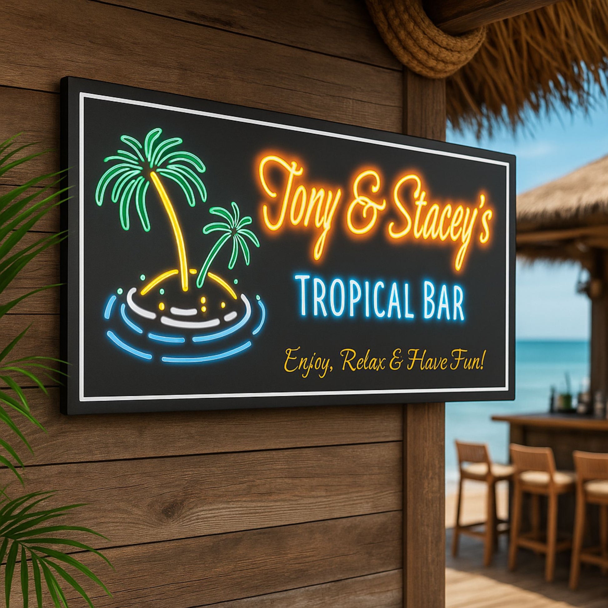 personalized tropical bar sign mounted on a wooden tiki bar wall overlooking the ocean, neon-style palm trees and custom wording