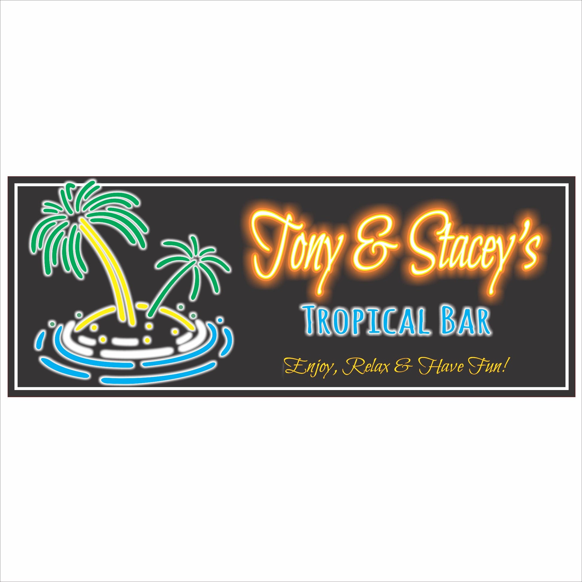 personalized tropical bar sign with neon-style palm trees and island design, customizable with your own bar name