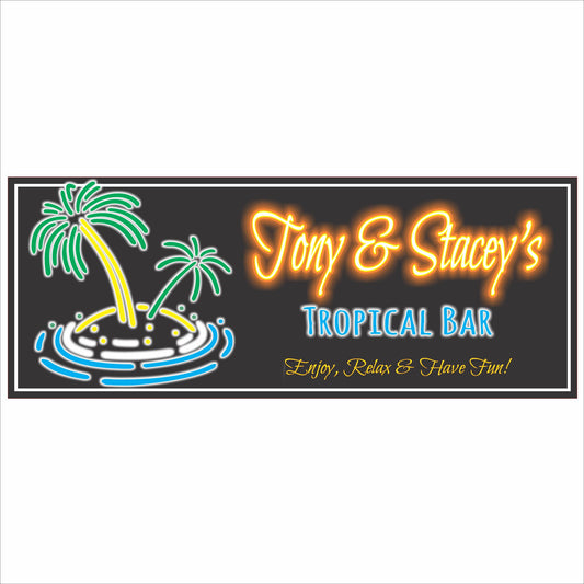 personalized tropical bar sign with neon-style palm trees and island design, customizable with your own bar name