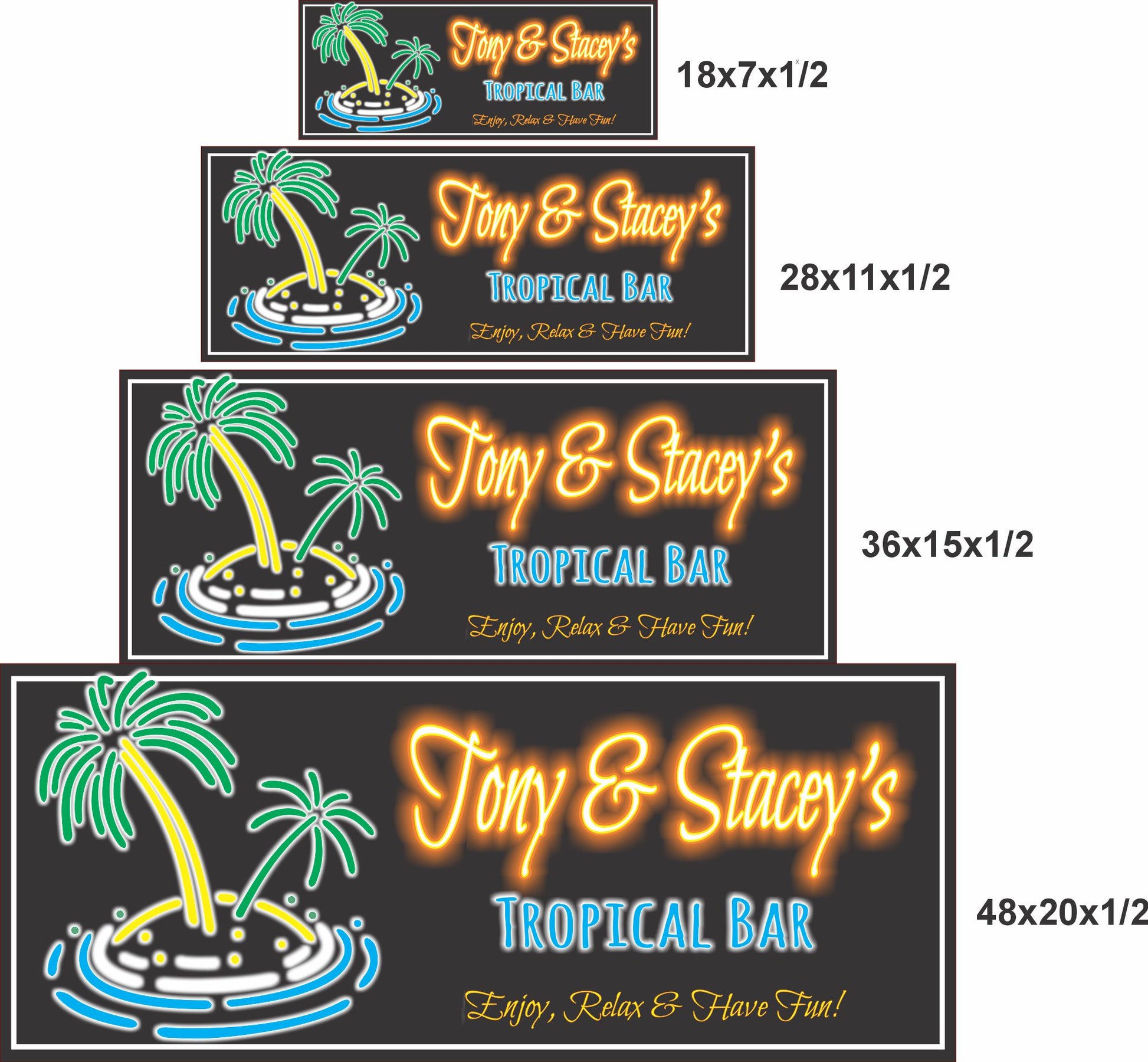 tropical tiki bar sign shown in four sizes side by side for scale, personalized wall sign for home bar or patio