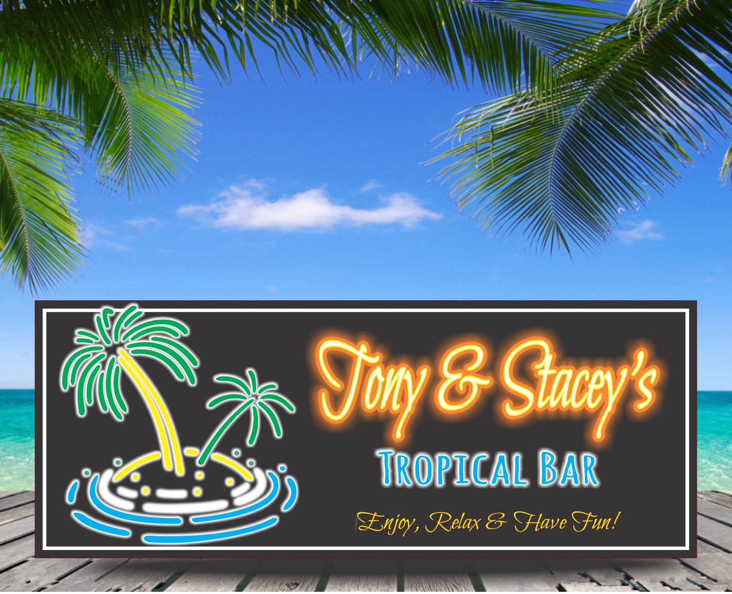 personalized tropical bar sign with neon-style palm trees displayed on a beach deck with ocean and palm leaves in the background, customizable with your own wording