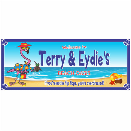 Customizable Beach Oasis Sign with Flamingo in Flip Flops – Personalized Tropical Decor with Editable Text 