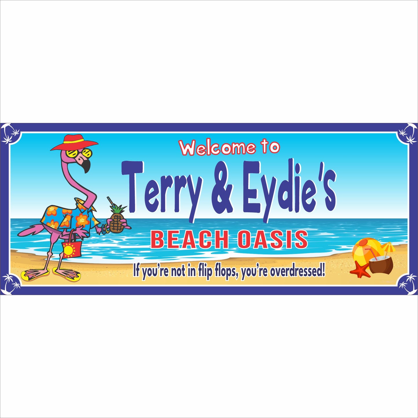 personalized flamingo beach bar sign with tropical ocean background and humorous beach quote