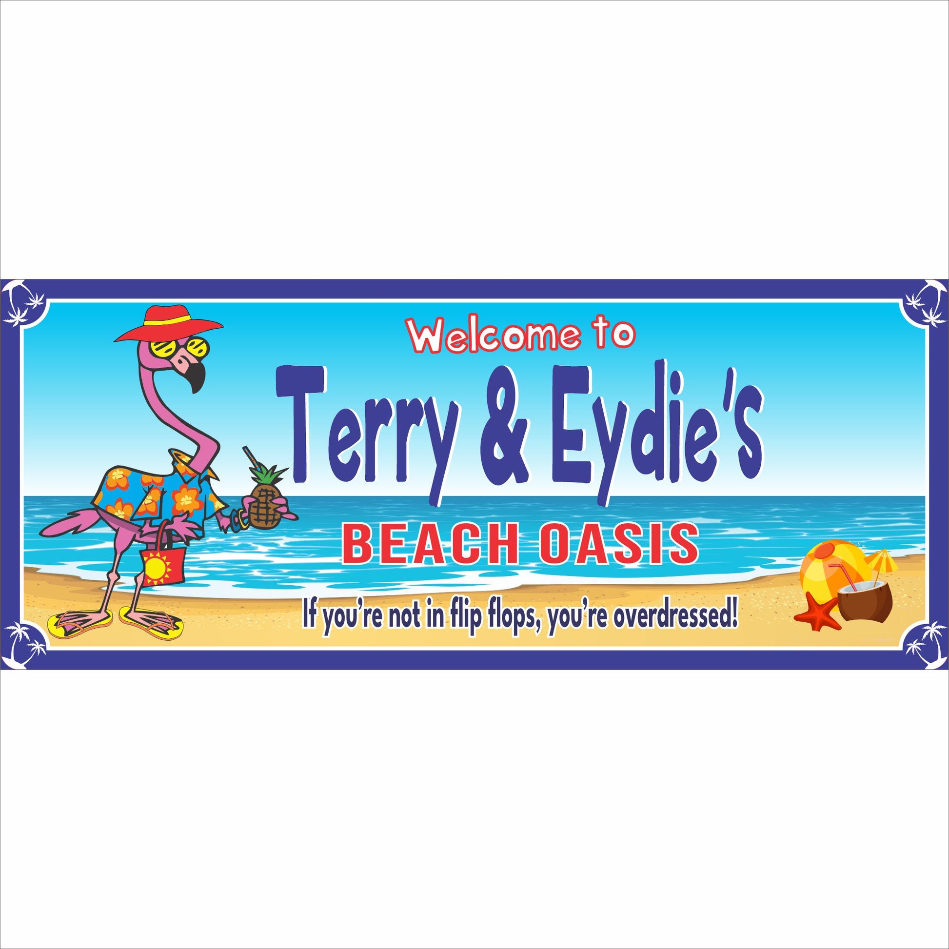 personalized flamingo beach bar sign with tropical ocean background and humorous beach quote