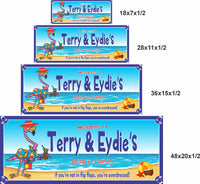 Personalized beach oasis flamingo sign shown in four different sizes, demonstrating scale options for beach house or vacation decor.