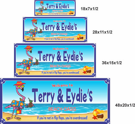 Personalized beach oasis flamingo sign shown in four different sizes, demonstrating scale options for beach house or vacation decor.