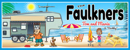 Personalized RV Beach Sign with 5th Wheel, Beach Chairs, Umbrella, Picnic Table, BBQ Woman, Man Sweeping Steps, and Dog – Editable Text Lines